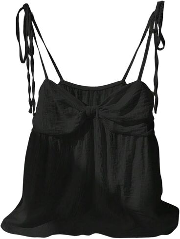 OYOANGLE Women's Cute Bow Tie Shoulder Cami Top Textured Ruffle Camisole Tops in Saudi Arabia