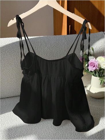 OYOANGLE Women's Cute Bow Tie Shoulder Cami Top Textured Ruffle Camisole Tops in Saudi Arabia