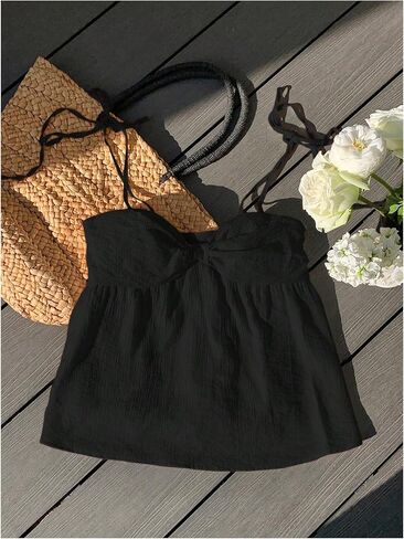 OYOANGLE Women's Cute Bow Tie Shoulder Cami Top Textured Ruffle Camisole Tops in Saudi Arabia