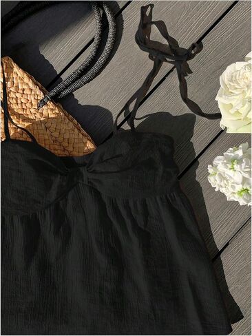 OYOANGLE Women's Cute Bow Tie Shoulder Cami Top Textured Ruffle Camisole Tops in Saudi Arabia
