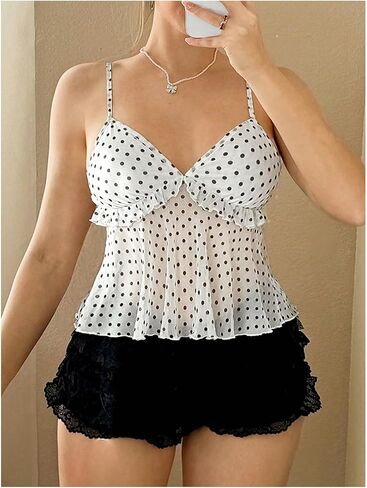 Milumia Women's Floral Mesh Cami Crop Top V Neck Ruffle Spaghetti Strap Tank Tops in Kuwait