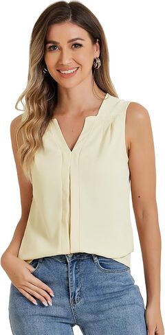 Allegra K Sleeveless Work Top for Women's Elegant Pleated V Neck Blouse Shirt Tank Top in Saudi Arabia