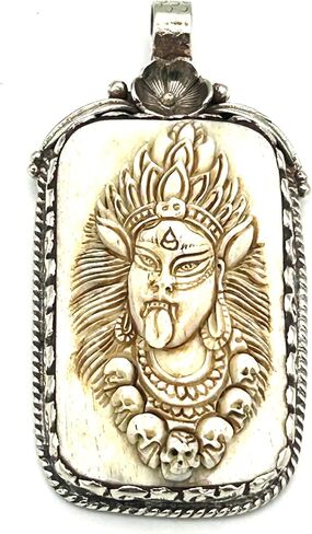 Handmade Bone Carved Goddess Kali Pendant with Silver Overlay – Hindu Tribal Amulet For Necklace – Spiritual Protection Jewelry for Men & Women – Ethnic Boho Gift in Saudi Arabia