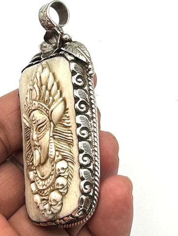 Handmade Bone Carved Goddess Kali Pendant with Silver Overlay – Hindu Tribal Amulet For Necklace – Spiritual Protection Jewelry for Men & Women – Ethnic Boho Gift in Saudi Arabia