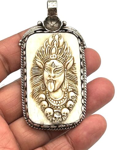 Handmade Bone Carved Goddess Kali Pendant with Silver Overlay – Hindu Tribal Amulet For Necklace – Spiritual Protection Jewelry for Men & Women – Ethnic Boho Gift in Saudi Arabia