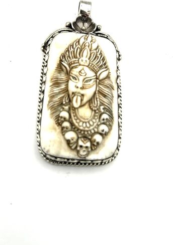 Handmade Bone Carved Goddess Kali Pendant with Silver Overlay – Hindu Tribal Amulet For Necklace – Spiritual Protection Jewelry for Men & Women – Ethnic Boho Gift in Saudi Arabia