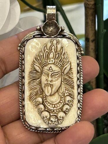 Handmade Bone Carved Goddess Kali Pendant with Silver Overlay – Hindu Tribal Amulet For Necklace – Spiritual Protection Jewelry for Men & Women – Ethnic Boho Gift in Saudi Arabia
