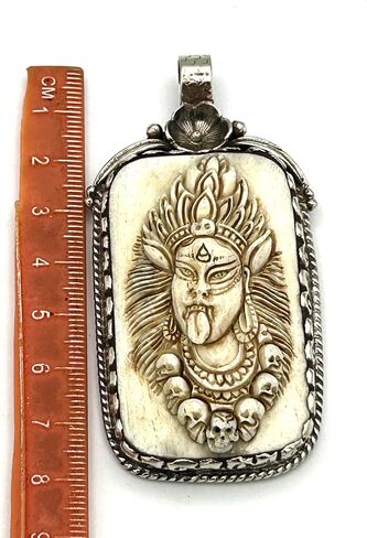 Handmade Bone Carved Goddess Kali Pendant with Silver Overlay – Hindu Tribal Amulet For Necklace – Spiritual Protection Jewelry for Men & Women – Ethnic Boho Gift in Saudi Arabia