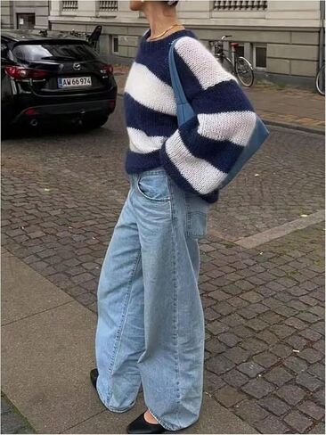 GORGLITTER المرأة مضيئة كم طويل سترة مخططة Y2k المتضخم اللون كتلة Crewneck الكروشيه متماسكة القمم in Saudi Arabia