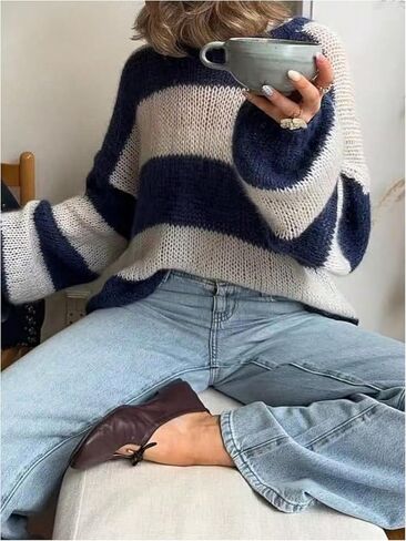 GORGLITTER المرأة مضيئة كم طويل سترة مخططة Y2k المتضخم اللون كتلة Crewneck الكروشيه متماسكة القمم in Saudi Arabia
