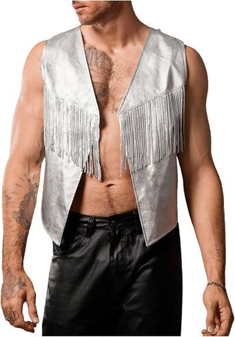 SHENHE Men's Metallic Sequin Fringe Vest Open Front Sleeveless Loose Jacket Rave Clubwear in Saudi Arabia