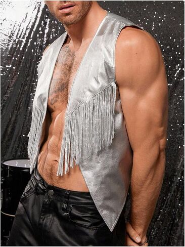SHENHE Men's Metallic Sequin Fringe Vest Open Front Sleeveless Loose Jacket Rave Clubwear in Saudi Arabia