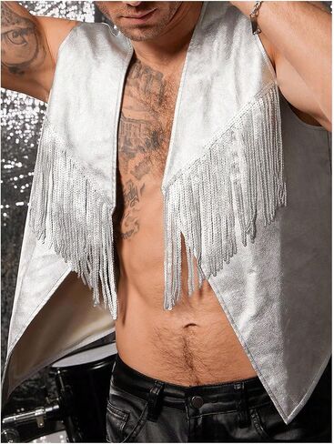SHENHE Men's Metallic Sequin Fringe Vest Open Front Sleeveless Loose Jacket Rave Clubwear in Saudi Arabia