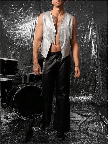 SHENHE Men's Metallic Sequin Fringe Vest Open Front Sleeveless Loose Jacket Rave Clubwear in Saudi Arabia