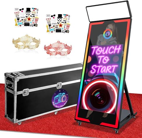 Magic Mirror Photo Booth 65in مع شاشة تعمل باللمس 43 بوصة مع كاميرات حالة الطيران والطابعة وملء الضوء للأحداث استئجار حفلات الزفاف (أسود+كاميرا+طابعة) in Kuwait
