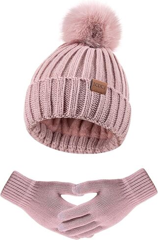 Winter Beanie Hat Scarf Gloves Set for Women Fleece Lined PomPom Hat Touchscreen Gloves in Saudi Arabia