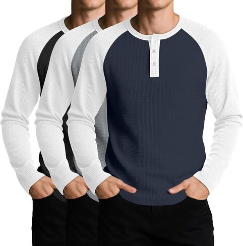 3 Pack Men's Waffle Henley Shirts Raglan Long Sleeve T-Shirts Casual Crewneck Regular Fit Baseball Tee in Kuwait