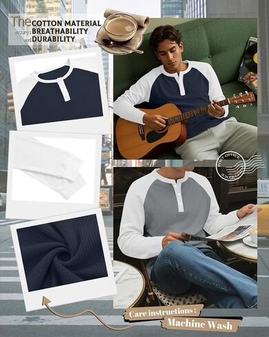 3 Pack Men's Waffle Henley Shirts Raglan Long Sleeve T-Shirts Casual Crewneck Regular Fit Baseball Tee in Kuwait
