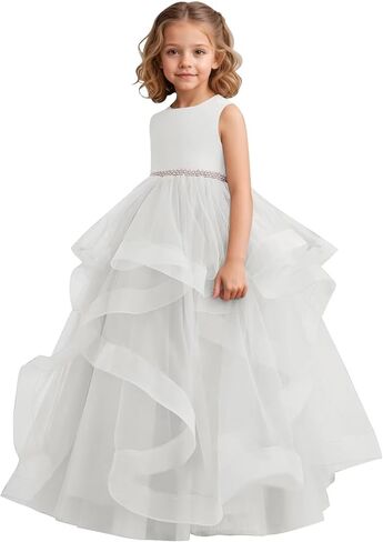 Tiered Tulle Flower Girl Dress for Wedding Kids Long Satin Princess Pageant Birthday Party Bowknot Prom Ball Gowns in Saudi Arabia