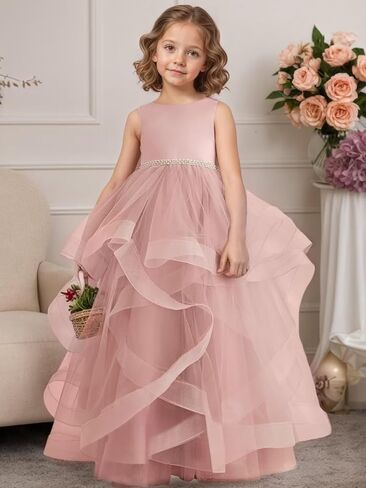 Tiered Tulle Flower Girl Dress for Wedding Kids Long Satin Princess Pageant Birthday Party Bowknot Prom Ball Gowns in Saudi Arabia