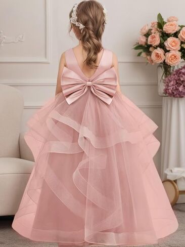 Tiered Tulle Flower Girl Dress for Wedding Kids Long Satin Princess Pageant Birthday Party Bowknot Prom Ball Gowns in Saudi Arabia