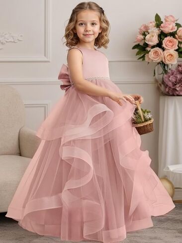 Tiered Tulle Flower Girl Dress for Wedding Kids Long Satin Princess Pageant Birthday Party Bowknot Prom Ball Gowns in Saudi Arabia