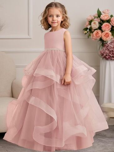 Tiered Tulle Flower Girl Dress for Wedding Kids Long Satin Princess Pageant Birthday Party Bowknot Prom Ball Gowns in Saudi Arabia