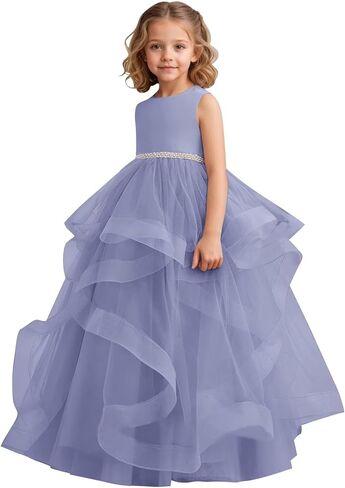 Tiered Tulle Flower Girl Dress for Wedding Kids Long Satin Princess Pageant Birthday Party Bowknot Prom Ball Gowns in Saudi Arabia