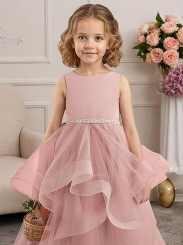 Tiered Tulle Flower Girl Dress for Wedding Kids Long Satin Princess Pageant Birthday Party Bowknot Prom Ball Gowns in Saudi Arabia