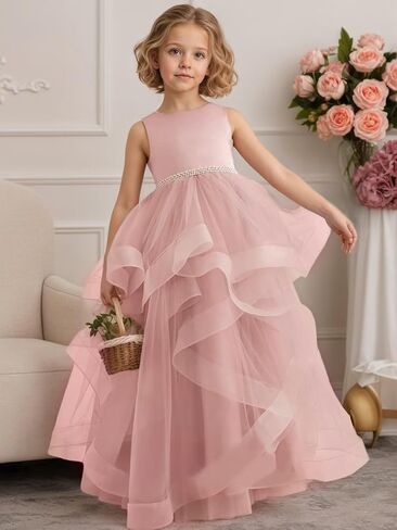Tiered Tulle Flower Girl Dress for Wedding Kids Long Satin Princess Pageant Birthday Party Bowknot Prom Ball Gowns in Saudi Arabia