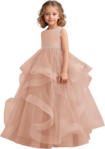 Tiered Tulle Flower Girl Dress for Wedding Kids Long Satin Princess Pageant Birthday Party Bowknot Prom Ball Gowns in Saudi Arabia