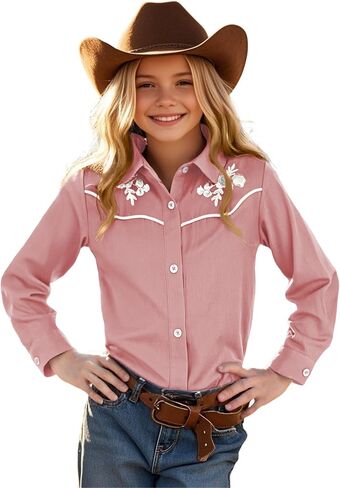 Girls Retro Long Sleeve Button Down Shirts Cowgirl Western Shirt Embroidery Blouse Tops in Saudi Arabia