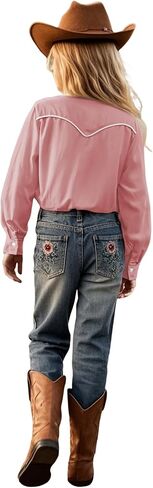 Girls Retro Long Sleeve Button Down Shirts Cowgirl Western Shirt Embroidery Blouse Tops in Saudi Arabia