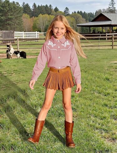 Girls Retro Long Sleeve Button Down Shirts Cowgirl Western Shirt Embroidery Blouse Tops in Saudi Arabia