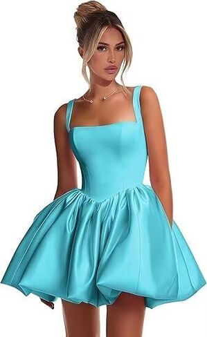 فساتين قصيرة من الساتان لحفلات العودة للوطن للمراهقين بأشرطة السباغيتي والكشكشة على شكل حرف A in Kuwait