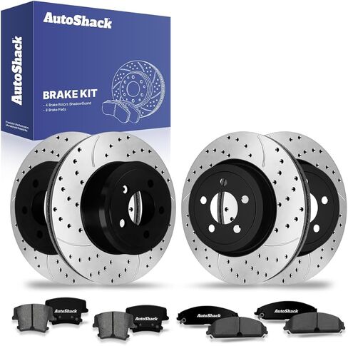 AutoShack Front & Rear Drilled & Slotted Brake Rotors Premium Ceramic Brake Pads | Replacement for Dodge Charger Challenger Magnum Chrysler 300 AWD RWD | E-Coated | 12-PC Brake Kit | ShadowGuard in Saudi Arabia