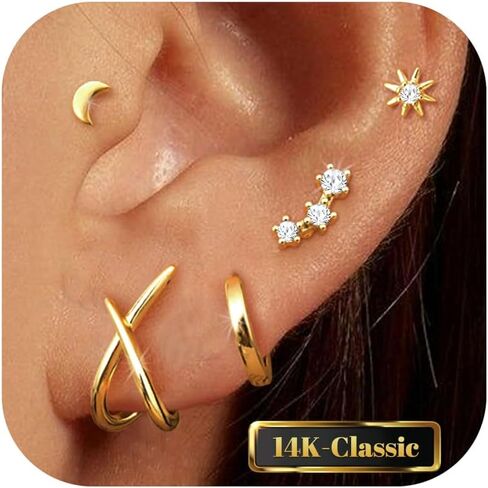 FUNRUN JEWELRY أقراط ذهبية مضادة للحساسية مكدسة للنساء العصرية-14 قيراط مطلية بالذهب لطيف صغير من الفضة الاسترليني أقراط أنيقة مسطحة الظهر الغضروف مجموعات أقراط لثقب متعددة 5 أزواج in Kuwait