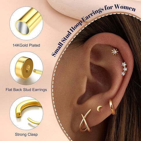 FUNRUN JEWELRY أقراط ذهبية مضادة للحساسية مكدسة للنساء العصرية-14 قيراط مطلية بالذهب لطيف صغير من الفضة الاسترليني أقراط أنيقة مسطحة الظهر الغضروف مجموعات أقراط لثقب متعددة 5 أزواج in Kuwait