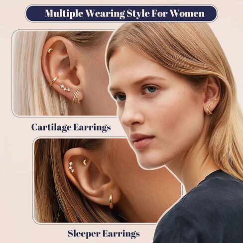 FUNRUN JEWELRY أقراط ذهبية مضادة للحساسية مكدسة للنساء العصرية-14 قيراط مطلية بالذهب لطيف صغير من الفضة الاسترليني أقراط أنيقة مسطحة الظهر الغضروف مجموعات أقراط لثقب متعددة 5 أزواج in Kuwait