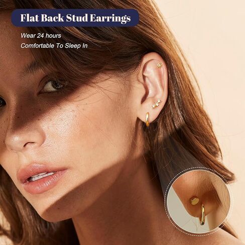 FUNRUN JEWELRY أقراط ذهبية مضادة للحساسية مكدسة للنساء العصرية-14 قيراط مطلية بالذهب لطيف صغير من الفضة الاسترليني أقراط أنيقة مسطحة الظهر الغضروف مجموعات أقراط لثقب متعددة 5 أزواج in Kuwait