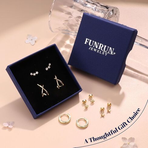 FUNRUN JEWELRY أقراط ذهبية مضادة للحساسية مكدسة للنساء العصرية-14 قيراط مطلية بالذهب لطيف صغير من الفضة الاسترليني أقراط أنيقة مسطحة الظهر الغضروف مجموعات أقراط لثقب متعددة 5 أزواج in Kuwait