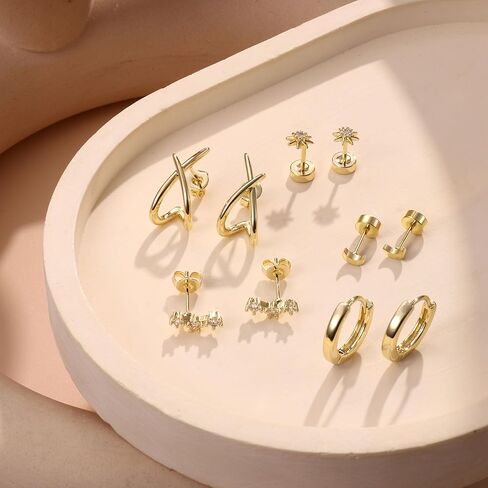 FUNRUN JEWELRY أقراط ذهبية مضادة للحساسية مكدسة للنساء العصرية-14 قيراط مطلية بالذهب لطيف صغير من الفضة الاسترليني أقراط أنيقة مسطحة الظهر الغضروف مجموعات أقراط لثقب متعددة 5 أزواج in Kuwait