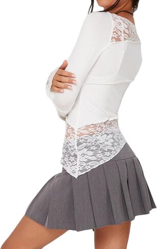 تي شيرت نسائي دانتيل شفاف غير متماثل مثير بقصة ضيقة وأكمام طويلة، بلوزة قصيرة برقبة قارب in Kuwait