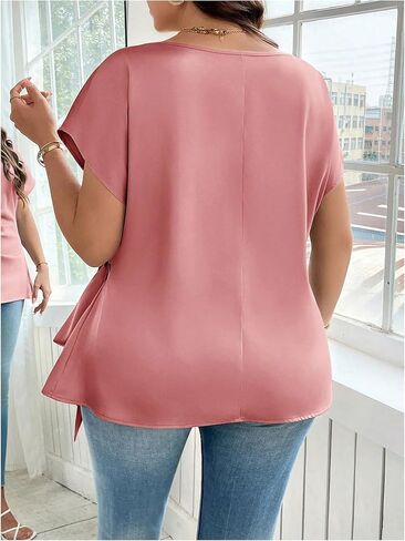 WDIRARA Women's Plus Size Ruched Knot Side Blouse Short Sleeve Asymmetrical Satin Tops in Saudi Arabia