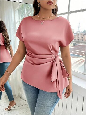 WDIRARA Women's Plus Size Ruched Knot Side Blouse Short Sleeve Asymmetrical Satin Tops in Saudi Arabia