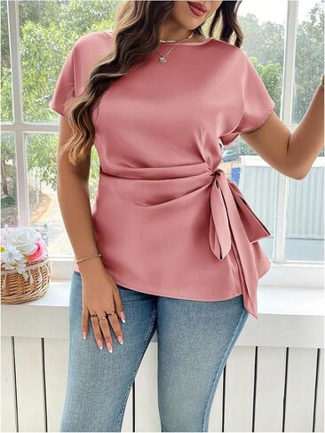 WDIRARA Women's Plus Size Ruched Knot Side Blouse Short Sleeve Asymmetrical Satin Tops in Saudi Arabia