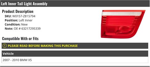 Left Driver Side Inner Tail Light Assembly - Compatible with 2007-2010 BMW X5 in Saudi Arabia