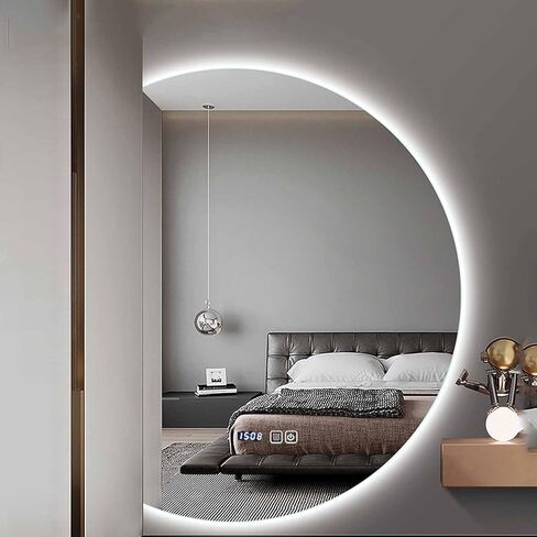 مرآة حمام LED بنصف قمر مقاس 47 بوصة - إضاءة خلفية مضادة للضباب مع أضواء 3 ألوان، مفتاح لمس ذكي وعرض الوقت، مرآة حائط بدون إطار لغرفة النوم/المدخل (نصف دائرة يمين) in Kuwait