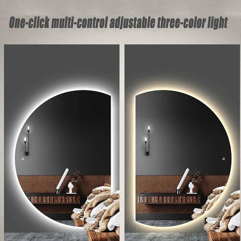 مرآة حمام LED بنصف قمر مقاس 47 بوصة - إضاءة خلفية مضادة للضباب مع أضواء 3 ألوان، مفتاح لمس ذكي وعرض الوقت، مرآة حائط بدون إطار لغرفة النوم/المدخل (نصف دائرة يمين) in Kuwait