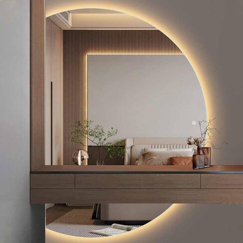 مرآة حمام LED بنصف قمر مقاس 47 بوصة - إضاءة خلفية مضادة للضباب مع أضواء 3 ألوان، مفتاح لمس ذكي وعرض الوقت، مرآة حائط بدون إطار لغرفة النوم/المدخل (نصف دائرة يمين) in Kuwait